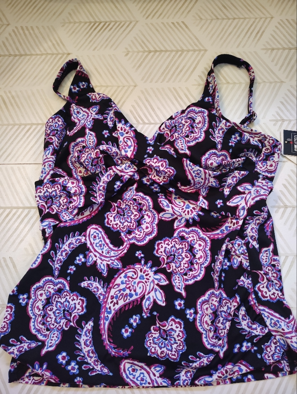 Nwt Swim Solutions Navy Paisley Print Tankini Top - Pink & White Accents